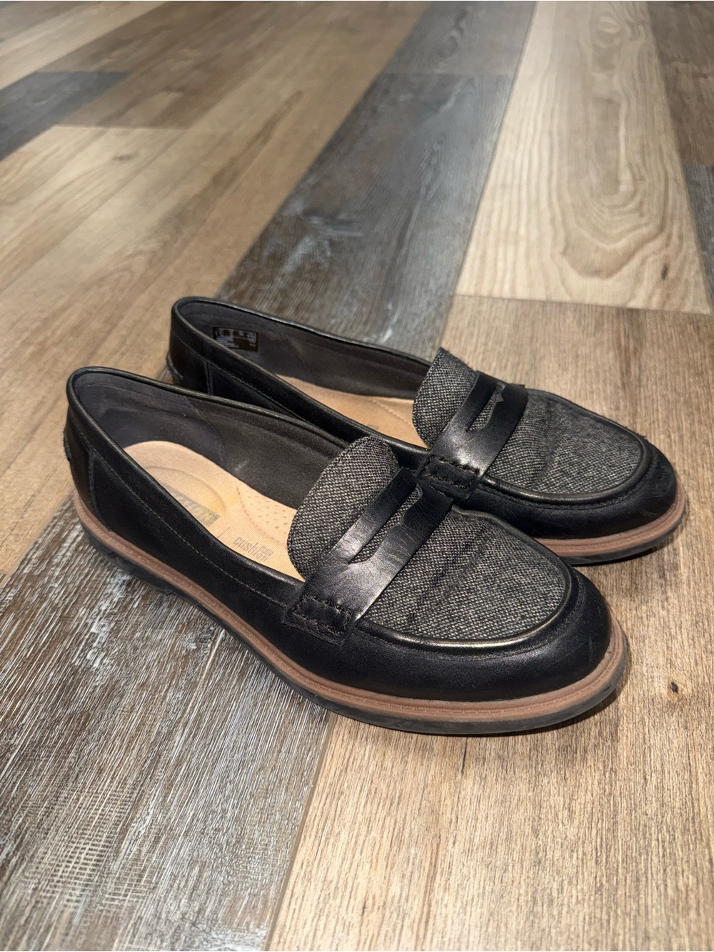 Clarks Two-Tone Penny Loafers in Black and Gray